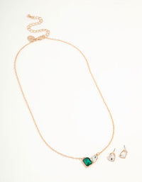 Green Diamante Teardrop Necklace & Stud Earrings Gold Set - link has visual effect only