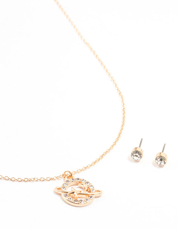 Gold Diamante Planet Necklace & Stud Earrings Set