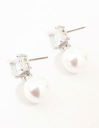 Silver Square Cubic Zirconia & Pearl Drop Earrings - link has visual effect only