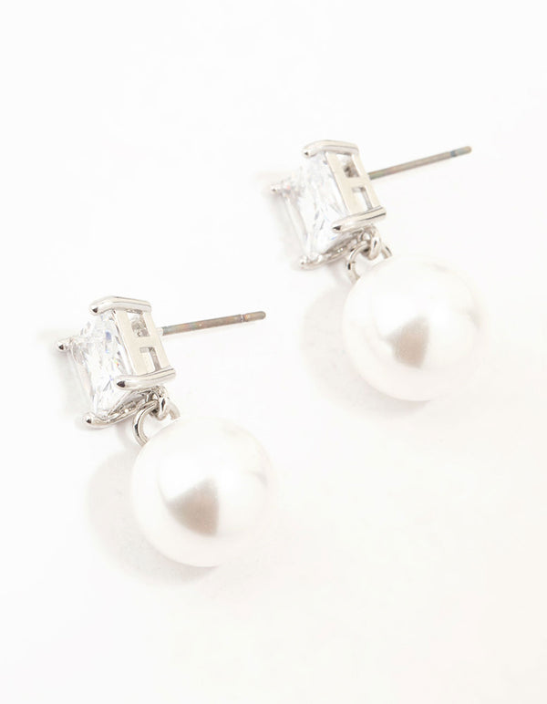 Silver Square Cubic Zirconia & Pearl Drop Earrings