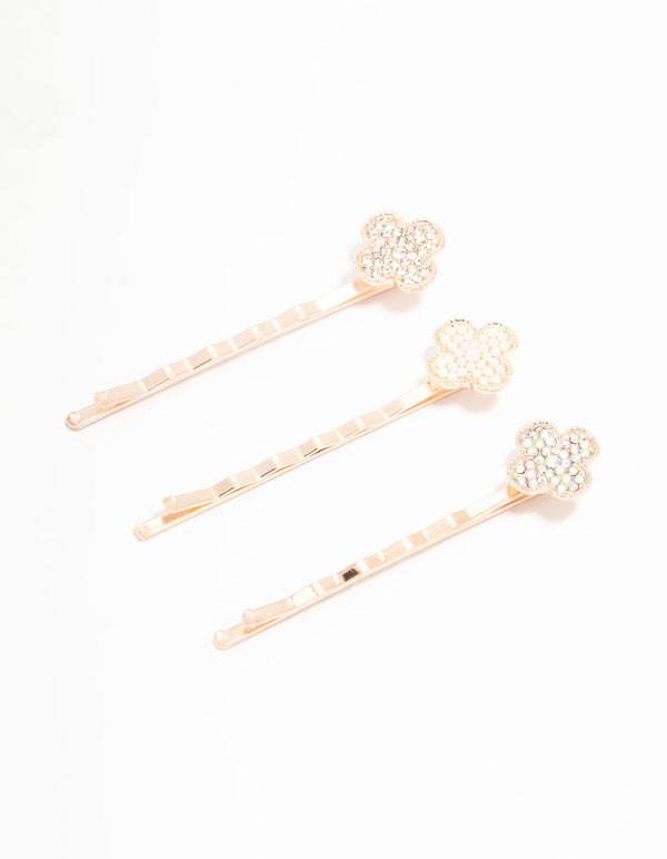 Rose Gold Diamante & Pearl Clover Clips 3-Pack