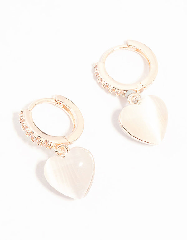 Rose Gold Plated Heart Drop Pave Set Diamante Hoop Earrings