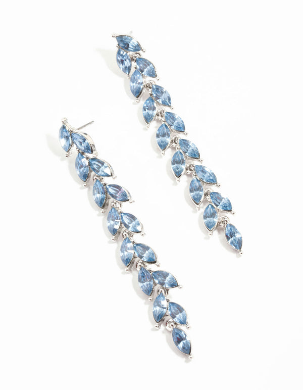 Silver Petal Blue Leaf Diamante Drop Earrings