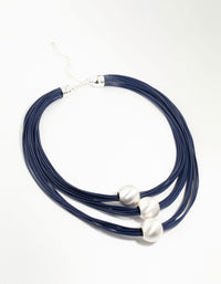 Blue Wax Cord Trio Silver Ball Necklace - link has visual effect only