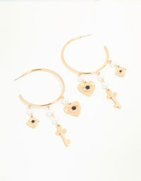 Gold Key, Pearl & Black Bead Evil Eye Charm Hoop Drop Earrings - link has visual effect only