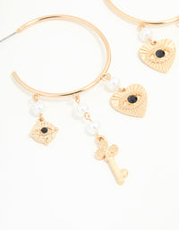 Gold Key, Pearl & Black Bead Evil Eye Charm Hoop Drop Earrings - link has visual effect only