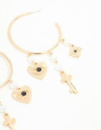 Gold Key, Pearl & Black Bead Evil Eye Charm Hoop Drop Earrings - link has visual effect only