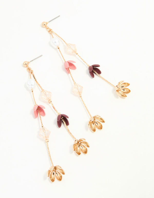 Pink & Purple Flowers Gold Drop Earrings