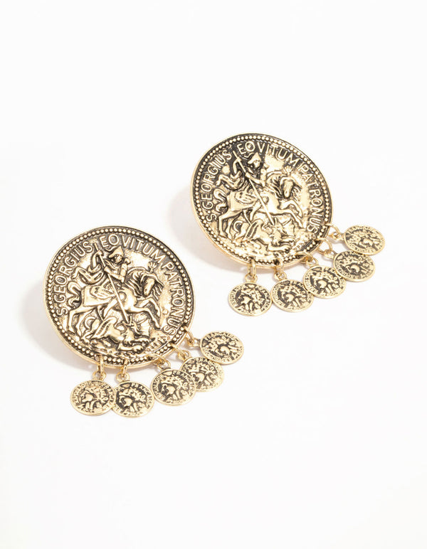 Antique Gold Large Coin Charm Stud Earrings