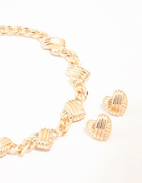 Gold Ribbed Heart Chain Necklace & Earrings Set - link has visual effect only