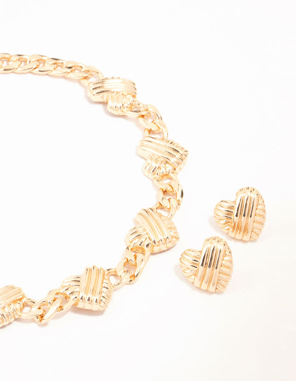 Gold Ribbed Heart Chain Necklace & Earrings Set