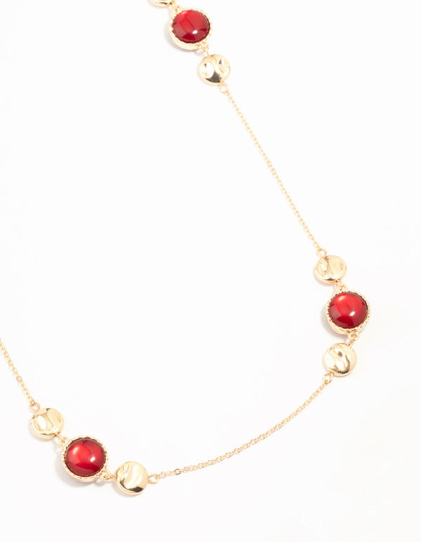 Gold & Red Bead Long Necklace