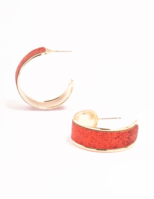 Gold Wide Red Glitter Hoop Earrings