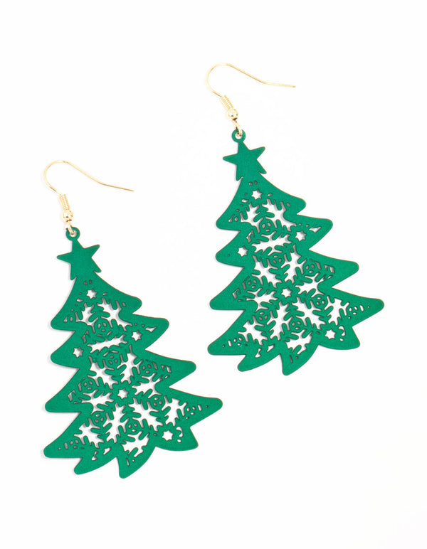 Green Cut Out Tree Gold Drop Earrings