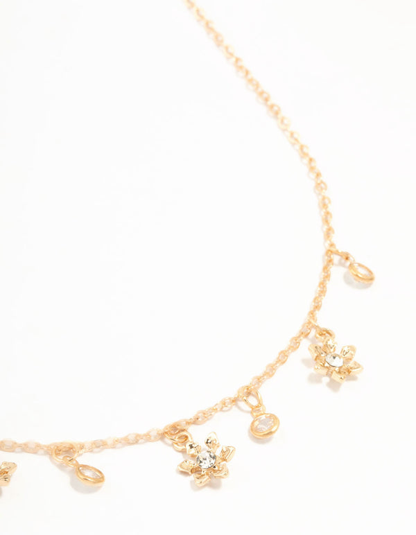 Gold Flower Diamante Droplet Necklace