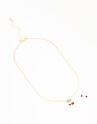 Gold Cherry Necklace & Red Diamante Earrings Set - link has visual effect only