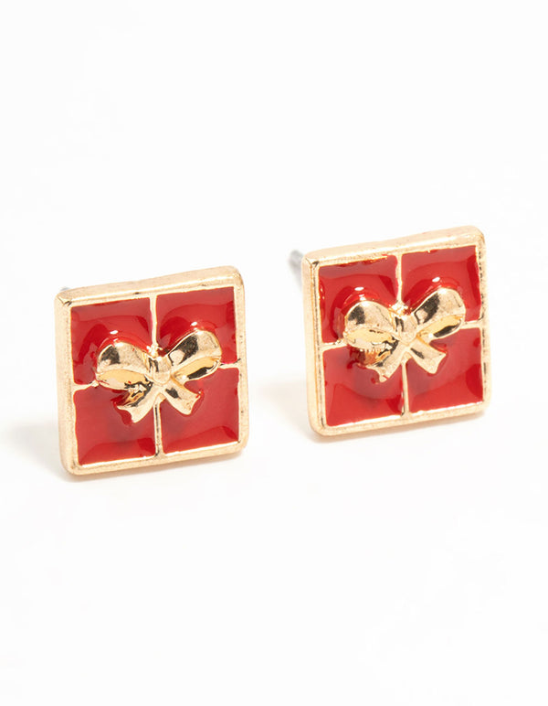 Red Enamel Present Gold Stud Earrings