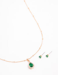 Gold Emerald Cubic Zirconia Necklace & Stud Earrings Set - link has visual effect only