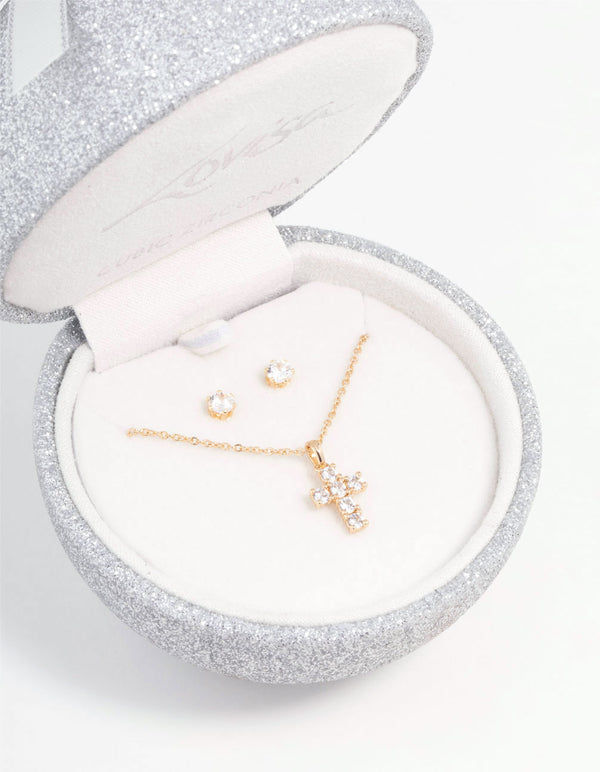 Gold Cubic Zirconia Cross Necklace & Earring Set