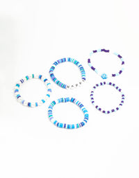 Blue Beaded & Happy Flower Stretch Bracelets 5-Pack - link has visual effect only