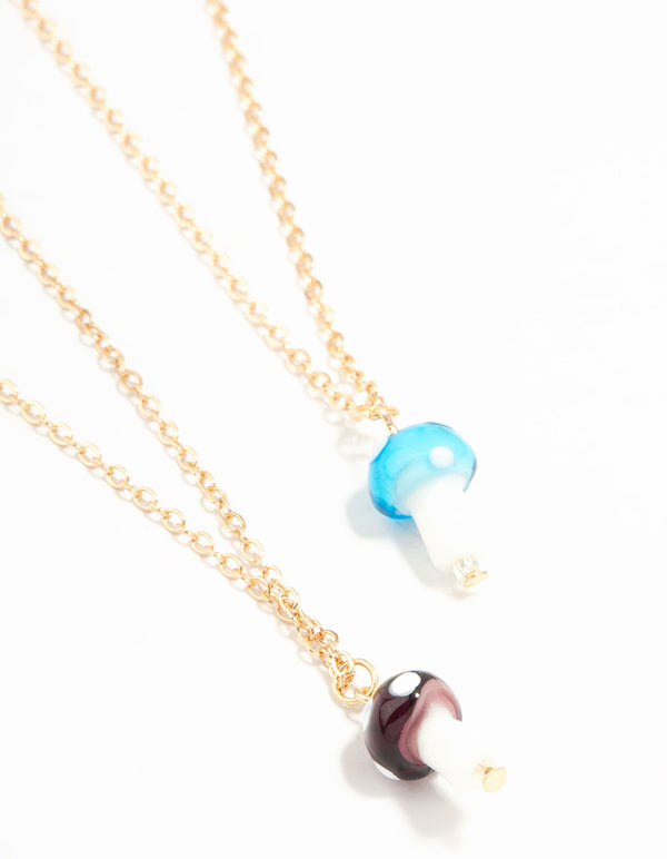 Glass Mushroom Gold Necklaces 2-Pack