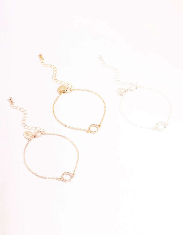 Mixed Metals Diamante Open Circle Bracelets 3-Pack