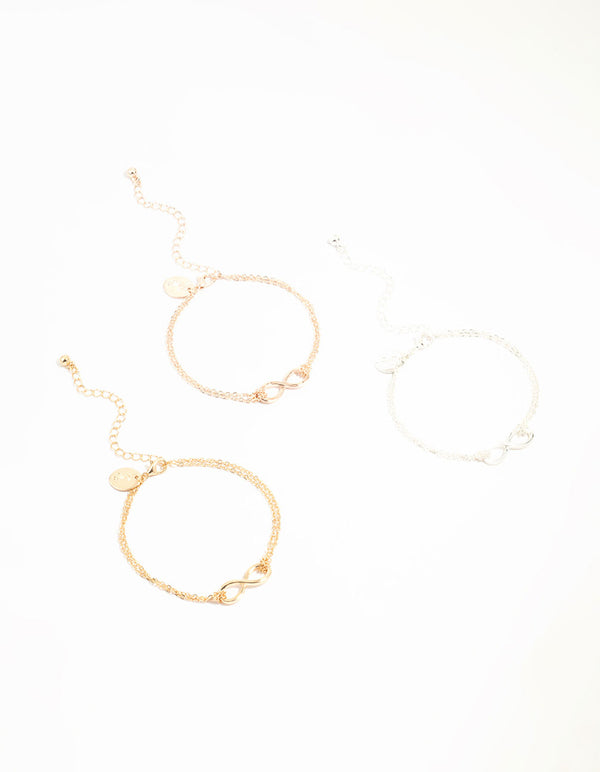 Mixed Metals Polished Infinity Bracelets 3-Pack