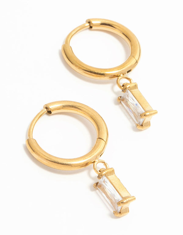 Gold Plated Stainless Steel Baguette Diamante Huggie Earrings