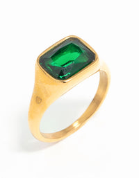 Waterproof Gold Plated Stainless Steel Opulent Green Cubic Zirconia Signet Ring - link has visual effect only