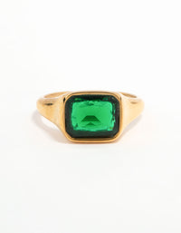 Waterproof Gold Plated Stainless Steel Opulent Green Cubic Zirconia Signet Ring - link has visual effect only