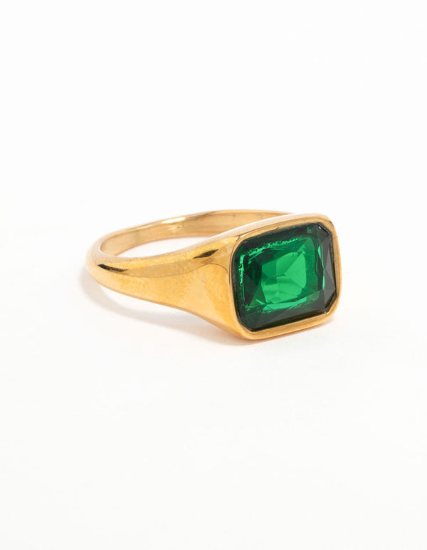 Waterproof Gold Plated Stainless Steel Opulent Green Cubic Zirconia Signet Ring