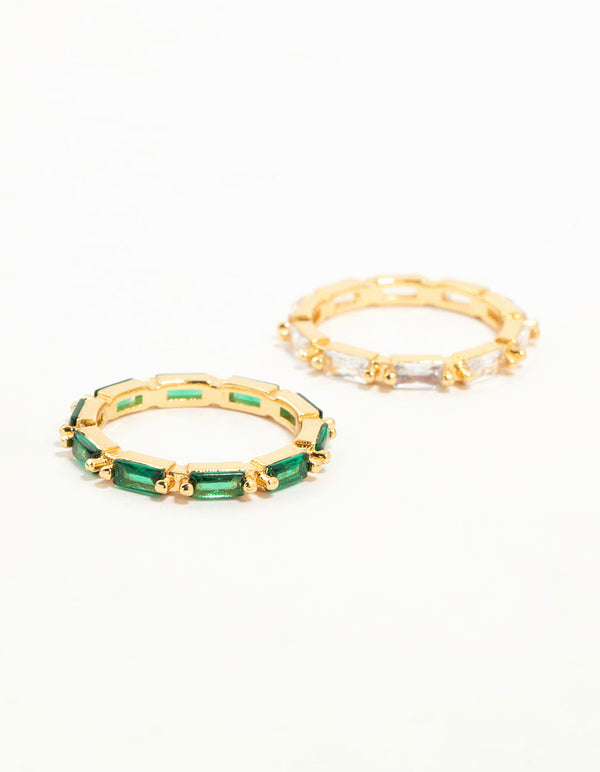 Gold Plated Green & Silver Baguette Stacking Rings 2-Pack