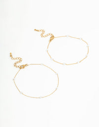 Waterproof Gold Plated Stainless Steel Station & Pearl Anklets 2-Pack - link has visual effect only