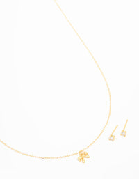 Gold Plated Sterling Silver Bow Necklace & Cubic Zirconia Studs Set - link has visual effect only