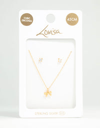 Gold Plated Sterling Silver Bow Necklace & Cubic Zirconia Studs Set - link has visual effect only