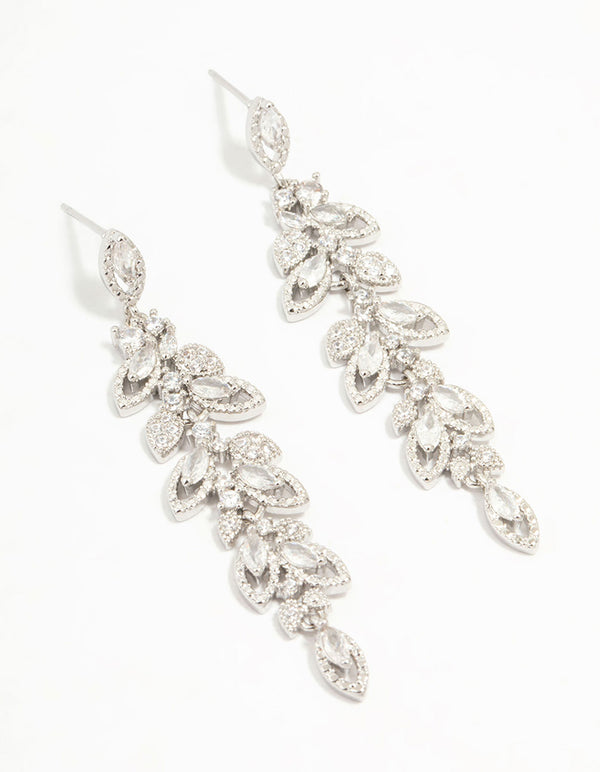 Rhodium Cubic Zirconia Cluster Leaf Drop Earrings