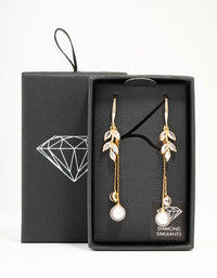 Gold Cubic Zirconia Leaf & Pearl Drop Earrings - link has visual effect only