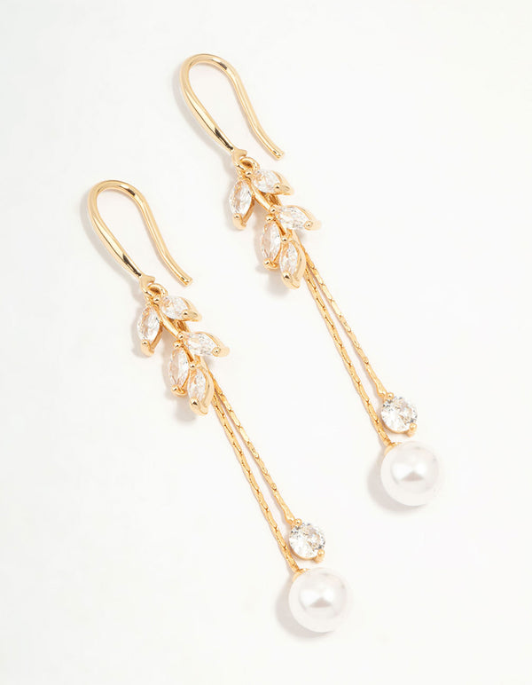 Gold Cubic Zirconia Leaf & Pearl Drop Earrings