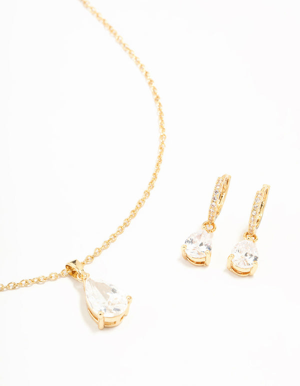 Gold Plated Cubic Zirconia Drop Necklace & Stud Earrings Set