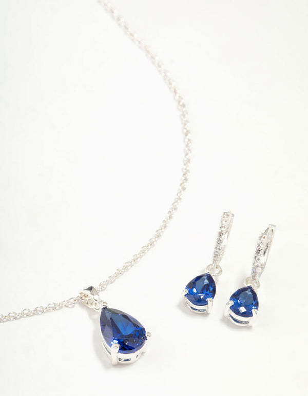 Rhodium Sapphire Teardrop Necklace & Earrings Set