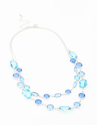 Blue Rectangle Diamante Stone Rhodium  Layered Necklace - link has visual effect only