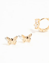 Gold Cubic Zirconia Butterfly Flower 3 Pack Earrings - link has visual effect only