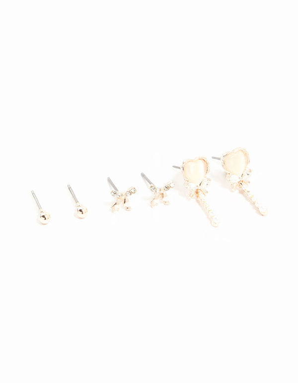 Rose Gold Dainty Heart & Bow 3-Pack Earrings