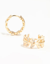 Gold Cubic Zirconia Leafy Huggie Earrings - link has visual effect only