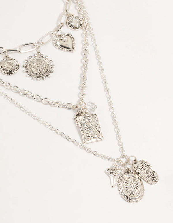 Silver Heart, Sun & Diamante Charm Layered Necklace