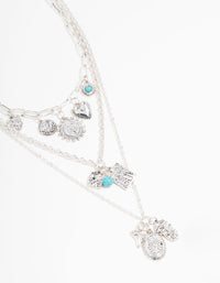 Silver Beaten Turquoise & Heart Charm Layered Necklace - link has visual effect only