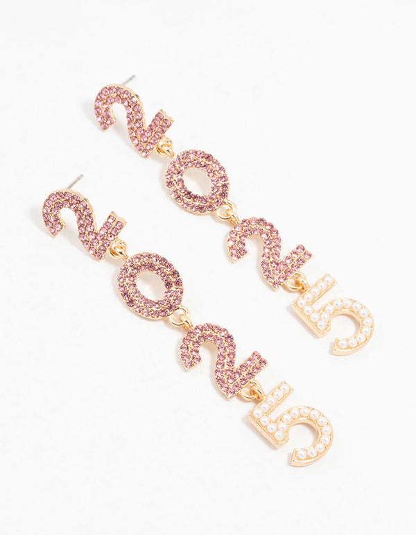 Gold Pink Diamante & Pearl 2025 Drop Earrings