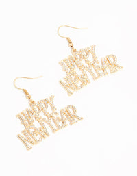 Gold Diamante Happy New Year Drop Earrings - link has visual effect only