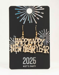 Gold Diamante Happy New Year Drop Earrings - link has visual effect only