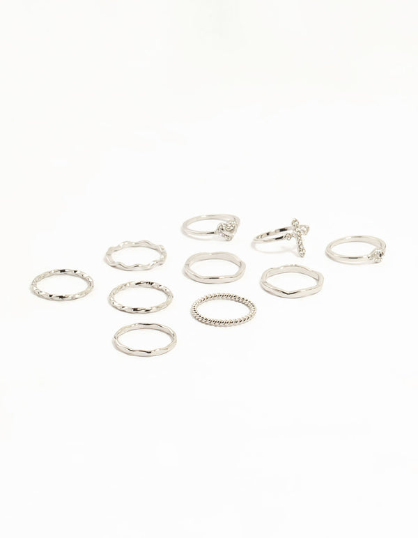 Silver Plated Gothic Cross & Twisted Stacking Rings 12-Pack